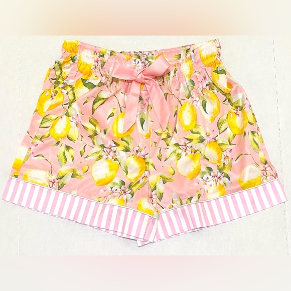Womens L Pink w/ Yellow Lemon Print Long Sleeve Pajama Shorts Set Preppy Classic - Picture 9 of 16